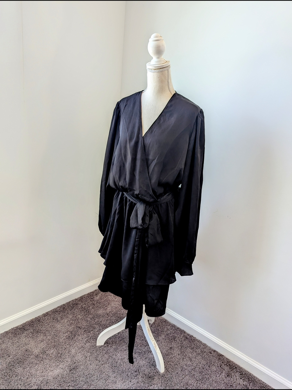 Plus Size S/16 City Chic Black Satin Wrap Midi Dress with Self-Tie Waist